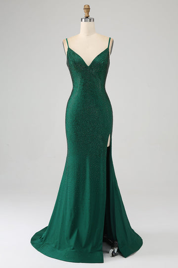 Vestido de fiesta de sirena largo con cuentas verde oscuro brillante con abertura
